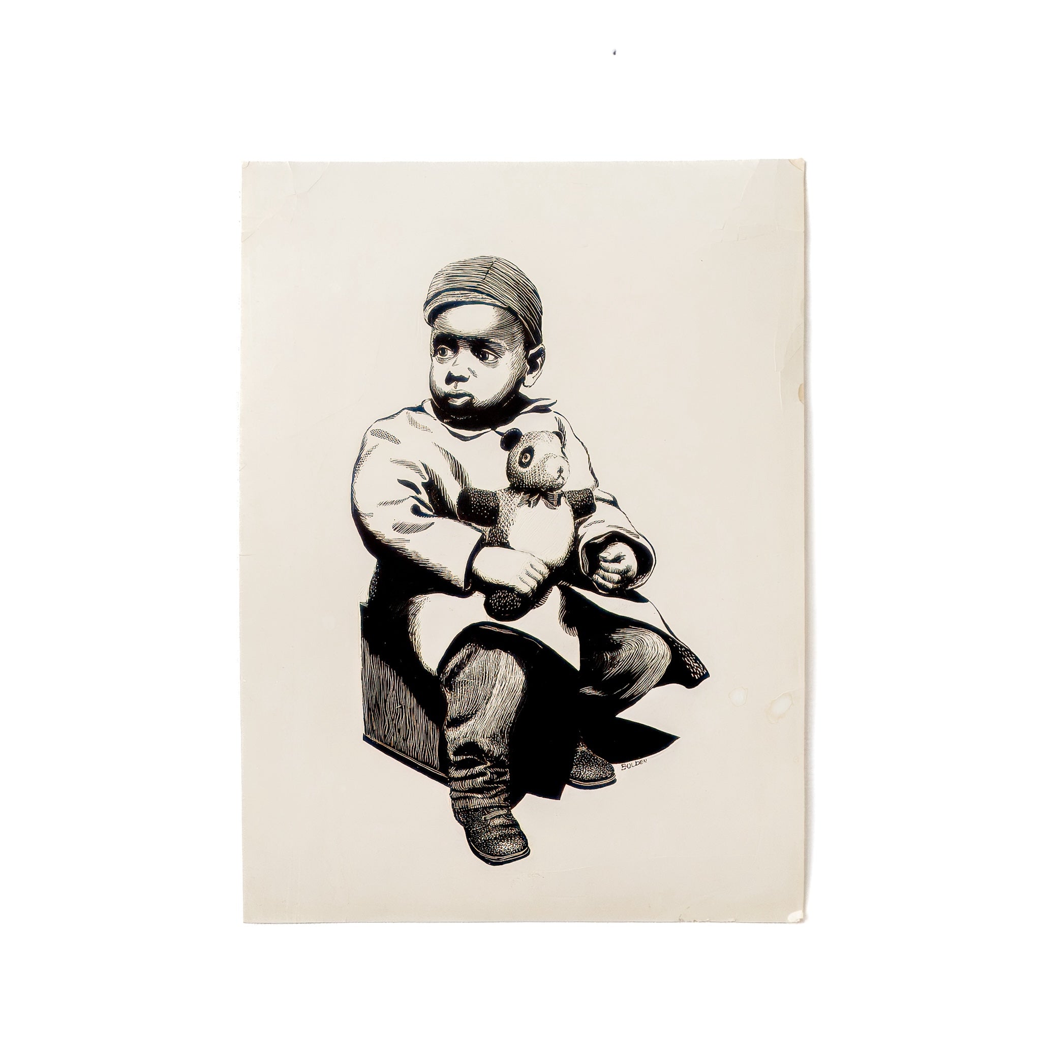 Framed Scratchboard Etching of Young Boy With Teddy, Signed