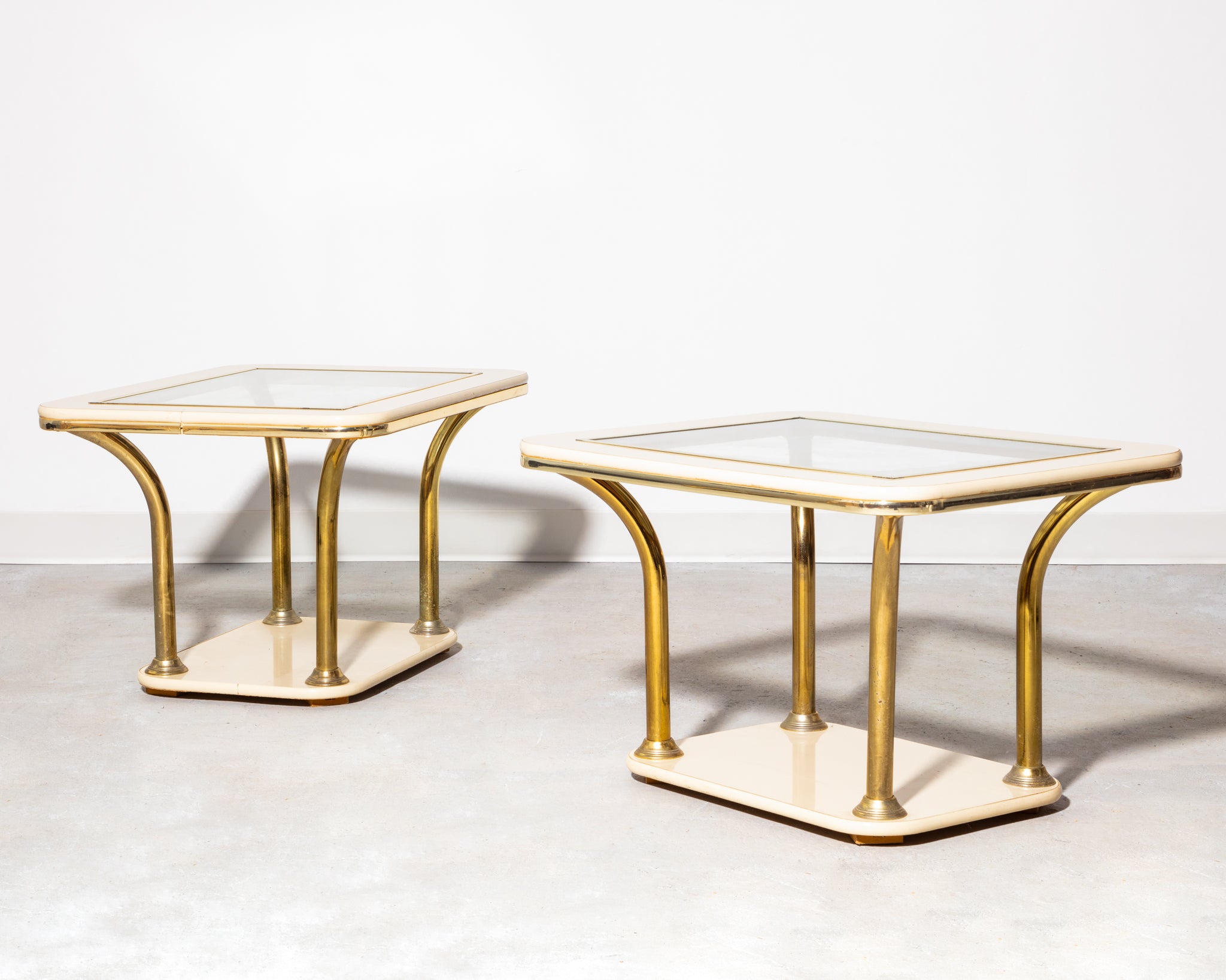 Art deco style pair of lacquer glass side tables