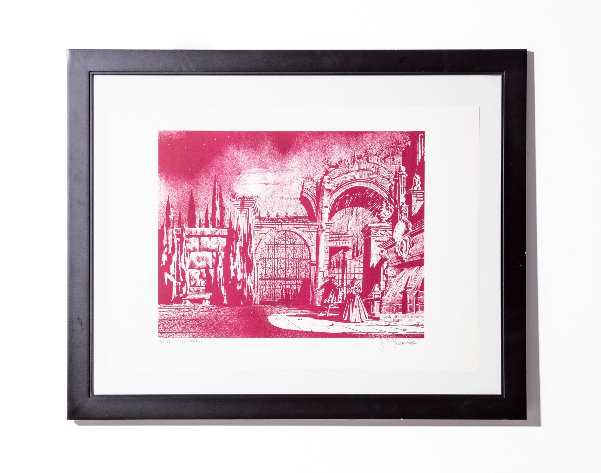 Framed pink linocut, titled after the opera "Don Carlos". Hand signed and numbered.