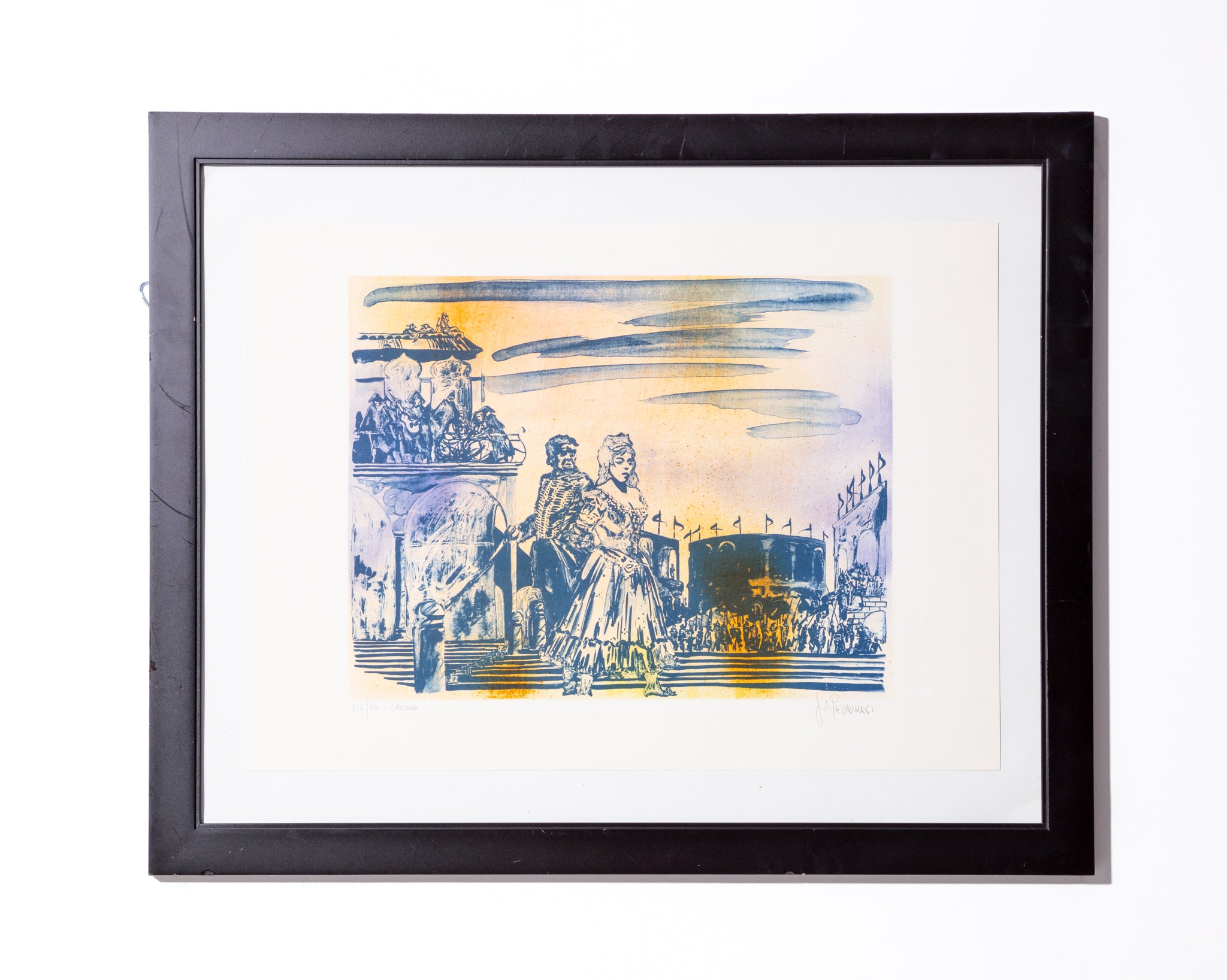 Framed blue and yellow linocut, titled after the opera "Carmen". Hand signed and numbered.
