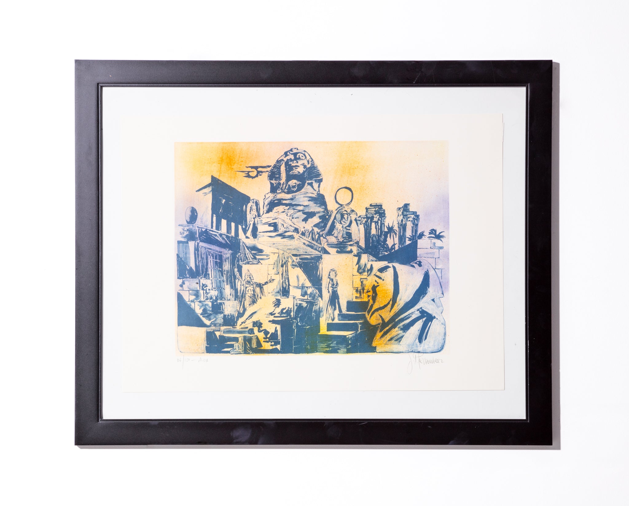 Framed blue and yellow linocut, titled after the opera "Aida". Hand signed and numbered.