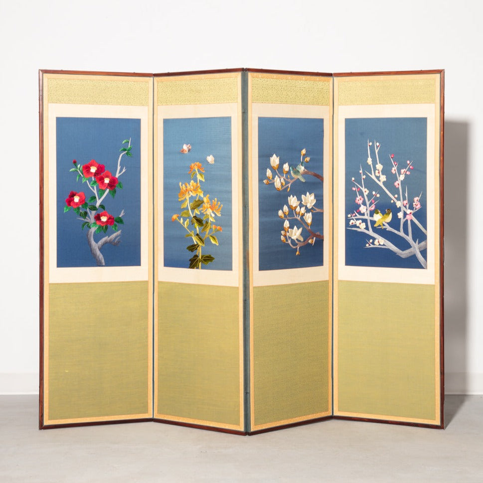 Mid-Century Modern Korean 4-Panel Embroidered Silk Screen
