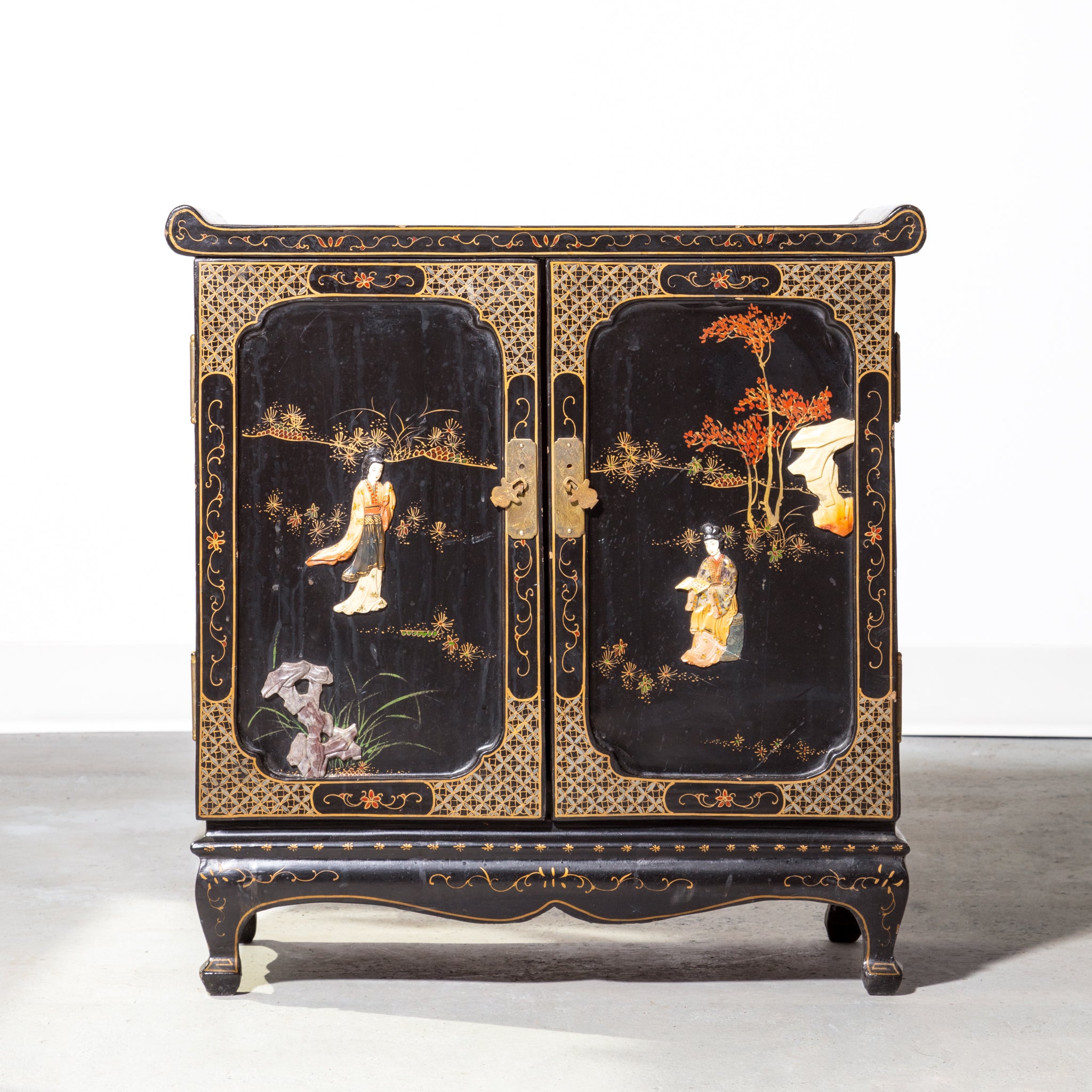 Exquisite Vintage Chinese Lacquer and Soapstone Cabinet