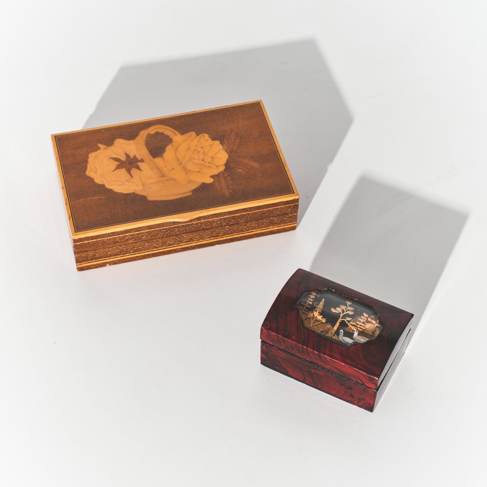 Set of 2 Wooden Inlay and Hand-Carved Lacquer Trinket Boxes