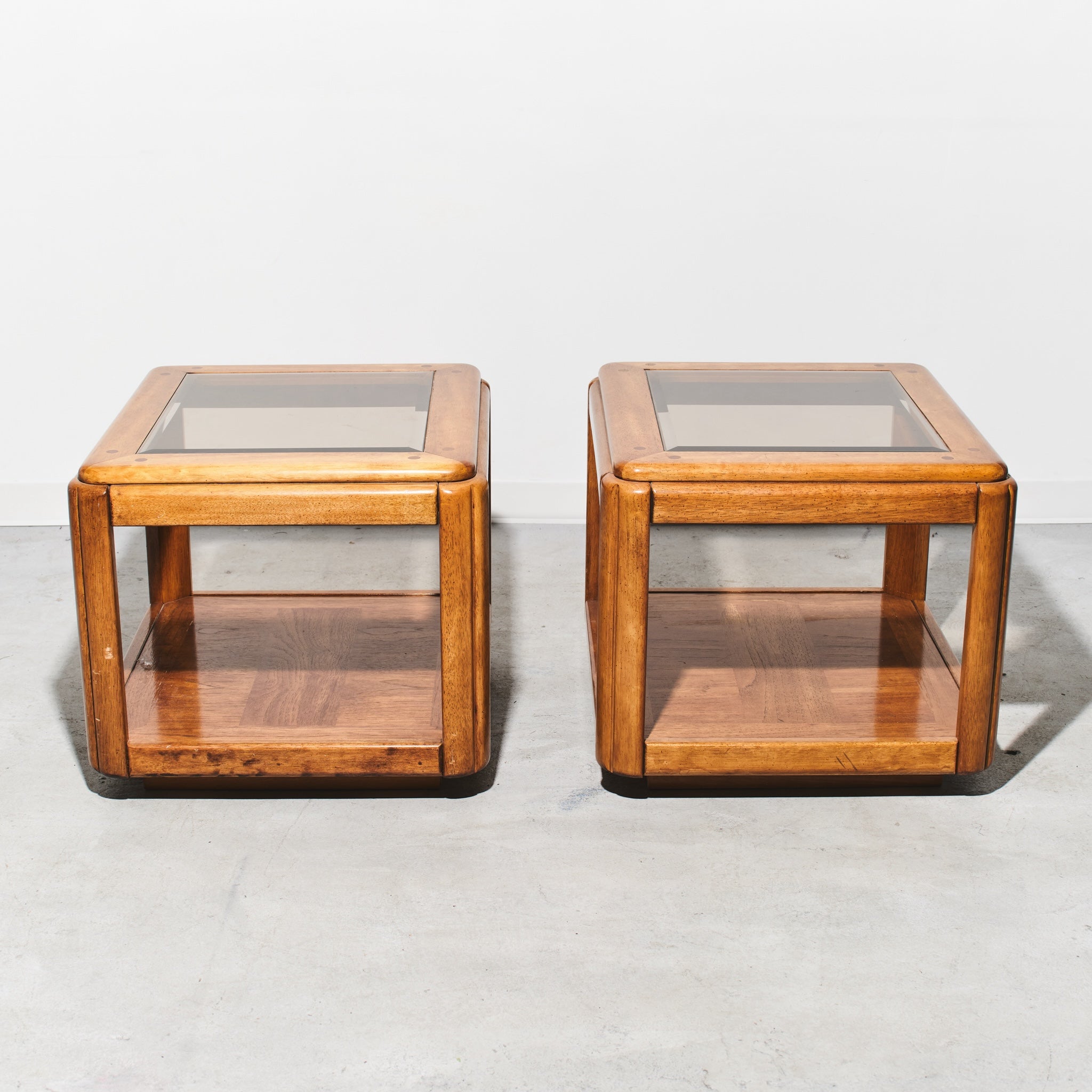 Postmodern Smoked Glass Oak Side Table (2 Available)