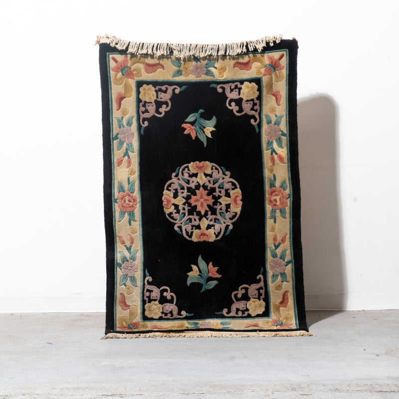 Black Hand-Knotted Chinese Art Deco Wool Rug