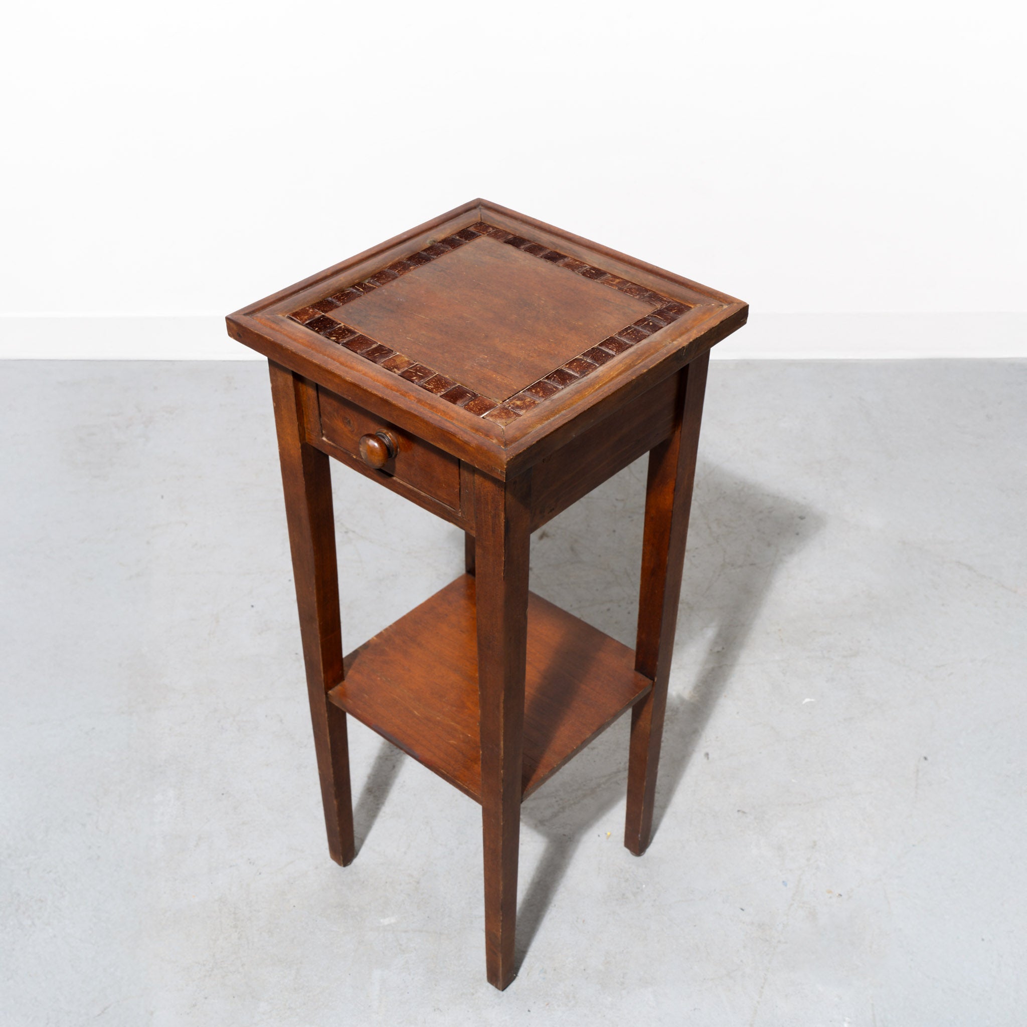 Wooden Tiered Side Table with Coconut Shell Inlaid Top