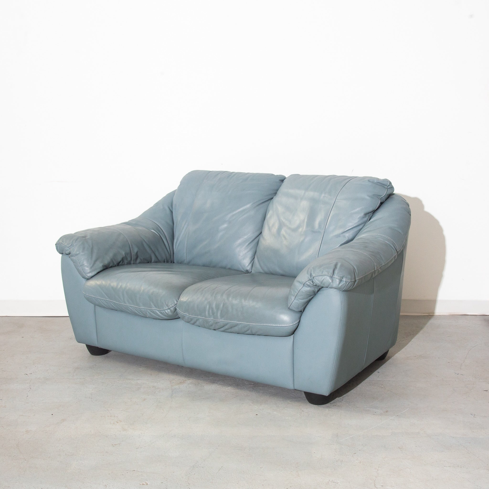 Vintage Blue Leather Loveseat Sofa Couch