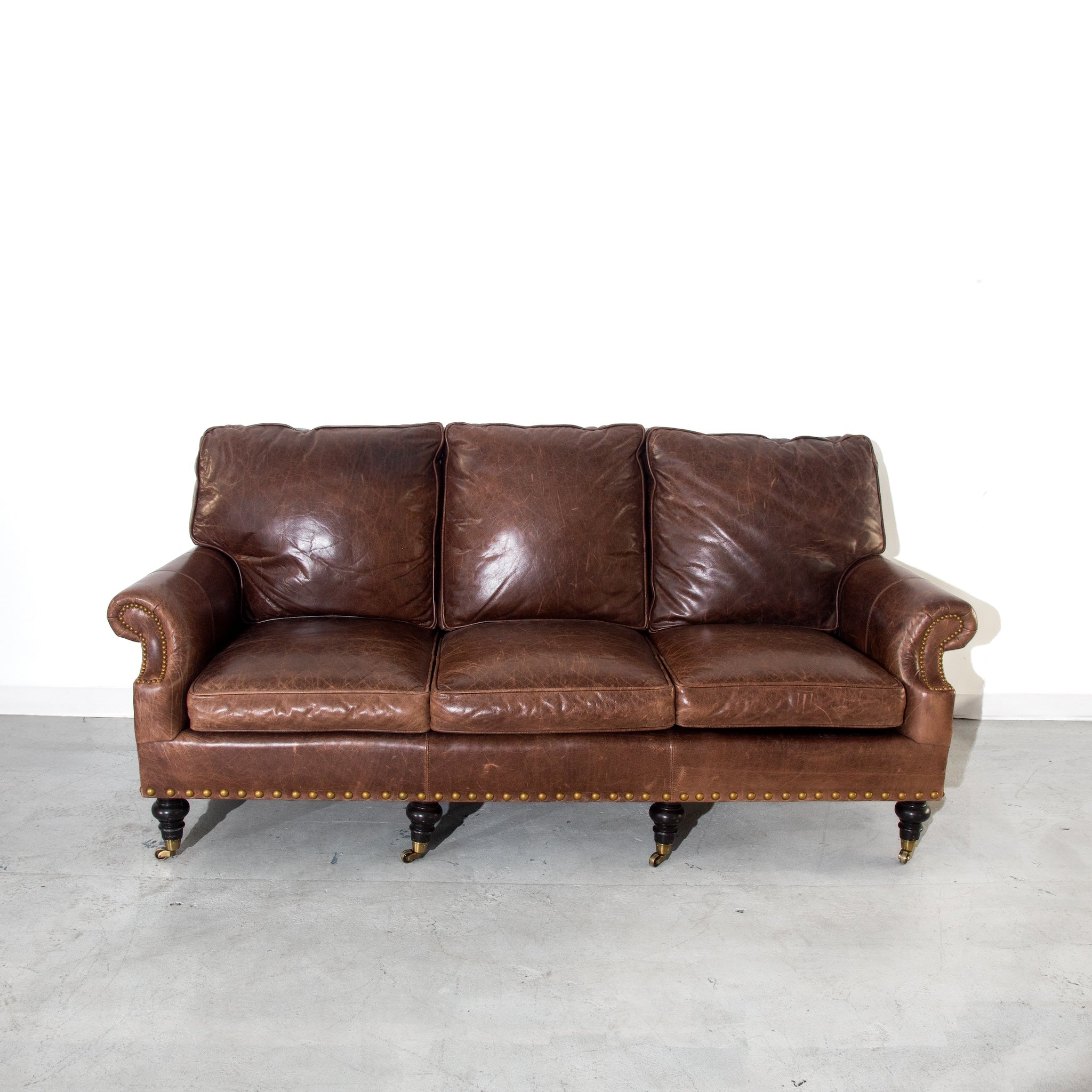 Vintage Brown Distinction Leather Studded 3-Seat Sofa Couch