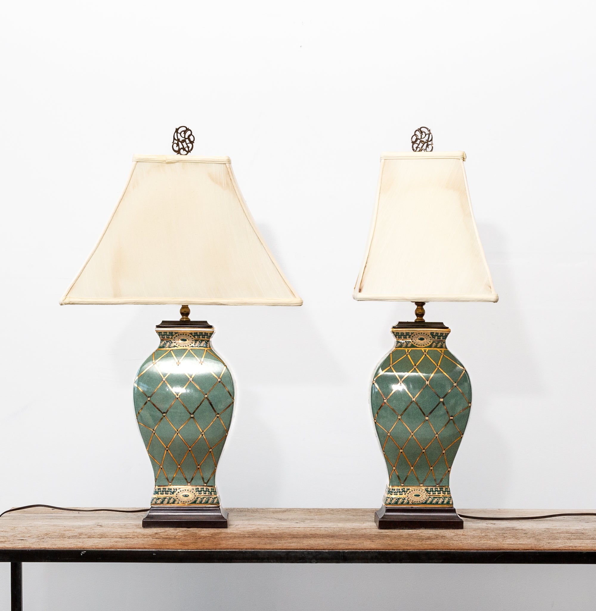 Vintage Hand-Painted Ceramic Teal and Gold Chinese Oriental Lamps
