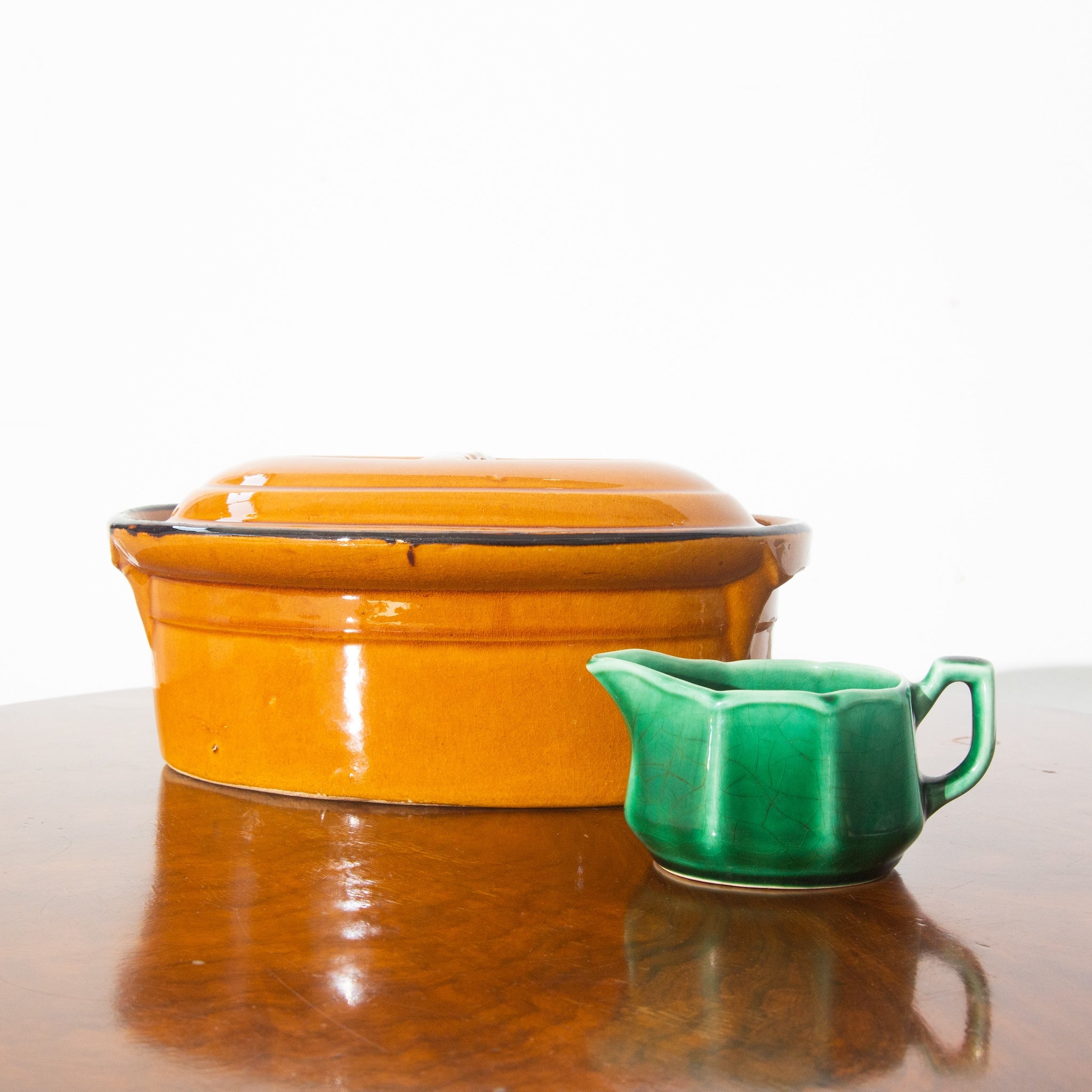 Vintage Handmade Orange Stone Ceramic Pot and Green Creamer Gravy Boat