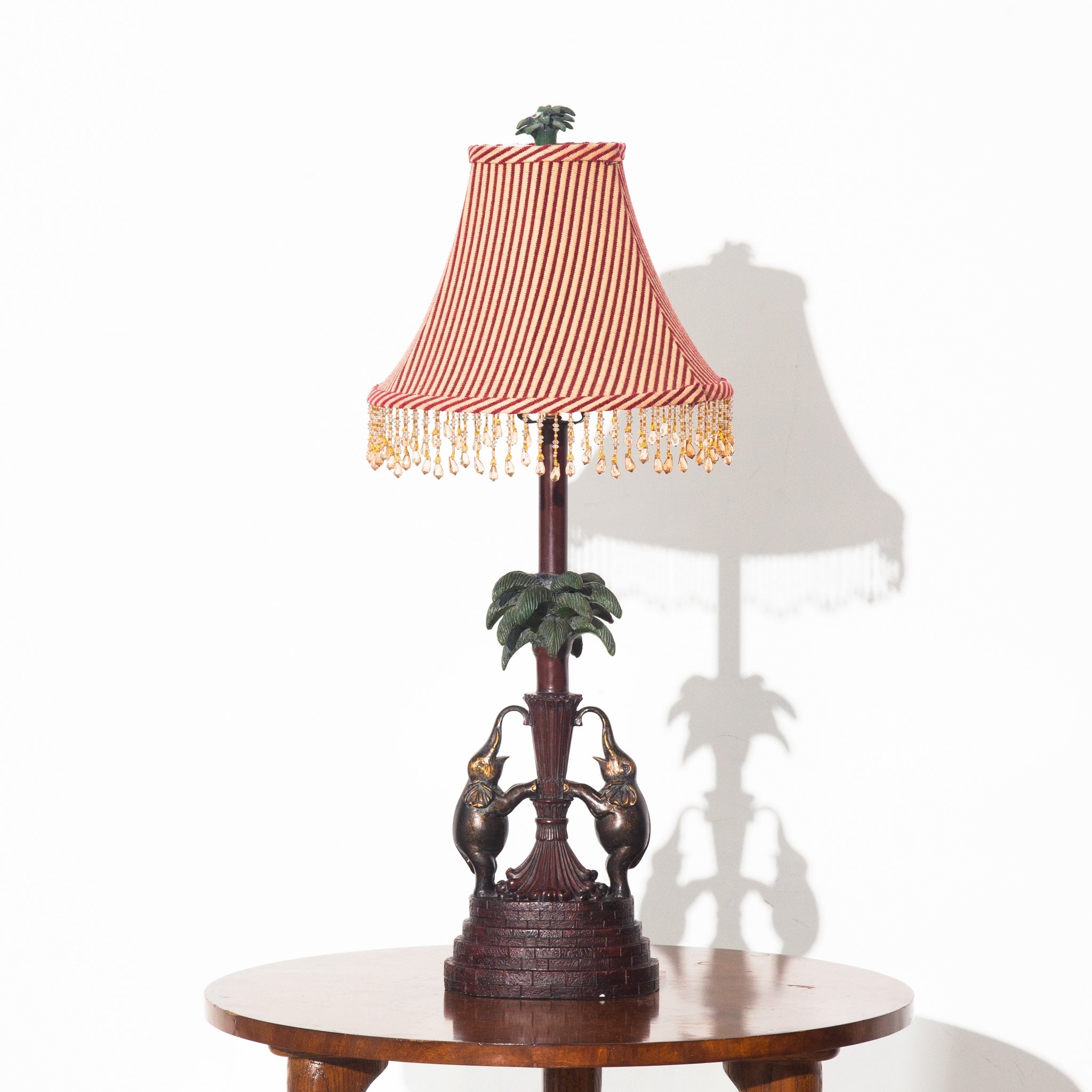Vintage Palm Tree Resin Fringe Striped Red Table Lamp