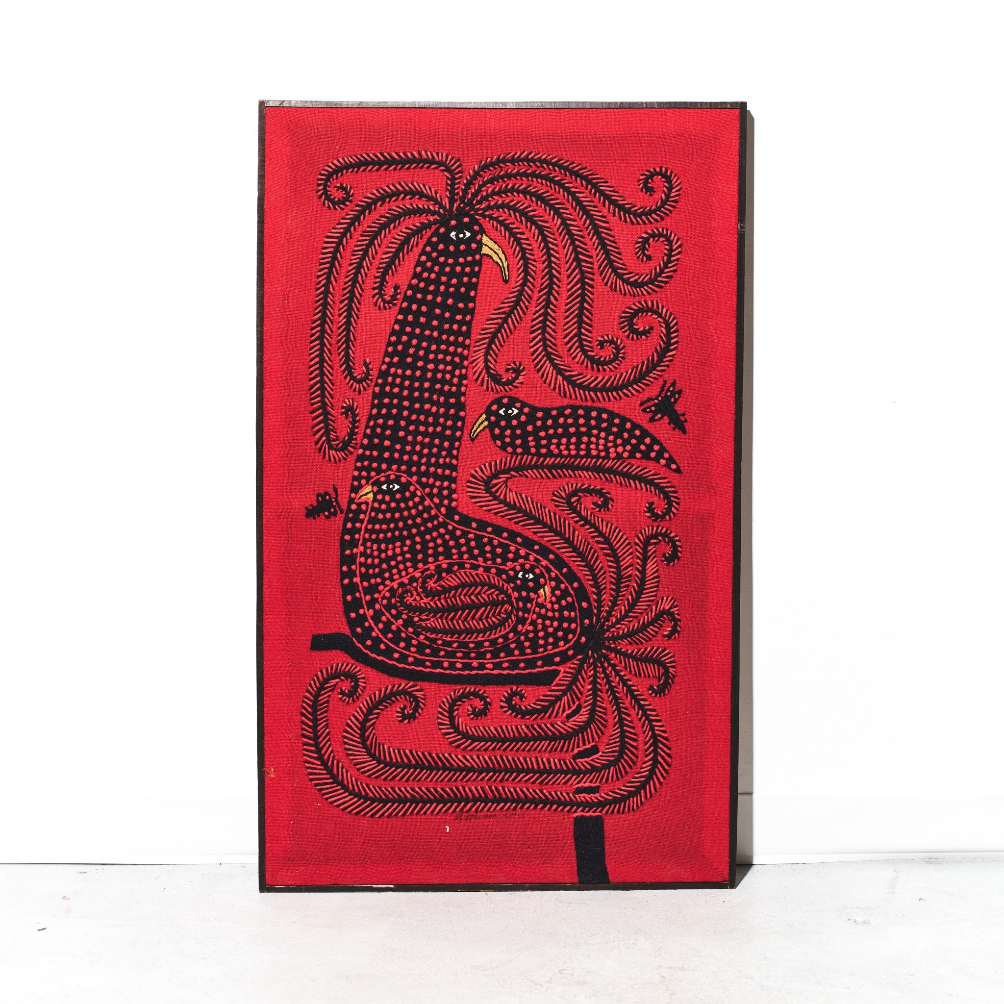 Framed Signed Chilean Embroidered Peacock Tapestry