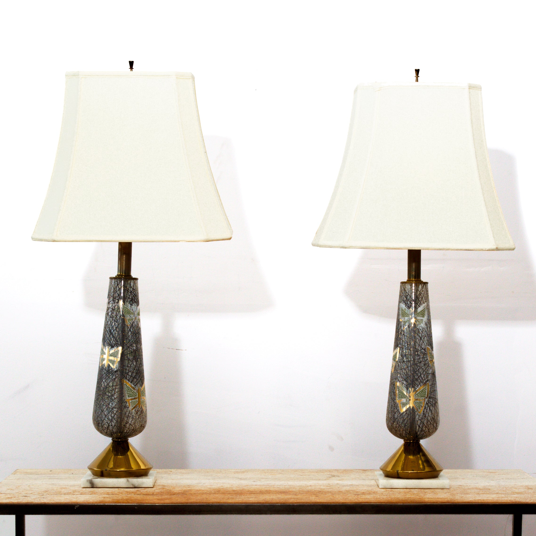Pair of Tall Enameled Glass Butterfly Lamps