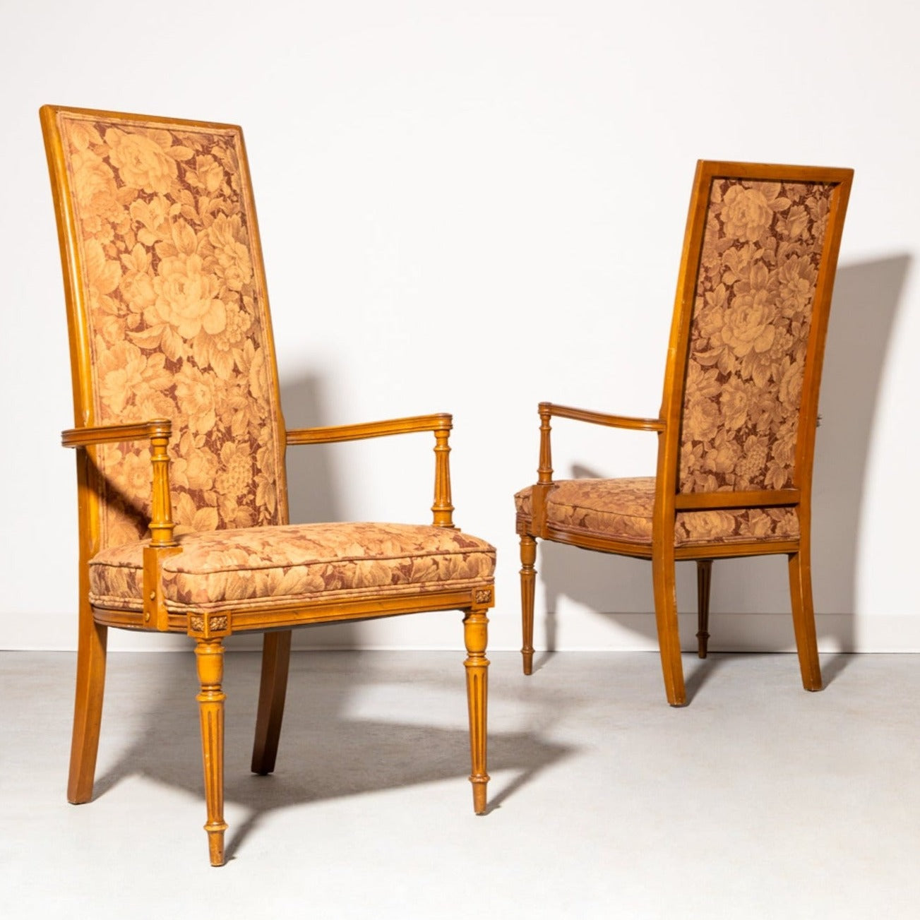 Vintage pair of wooden high back dining chairs
