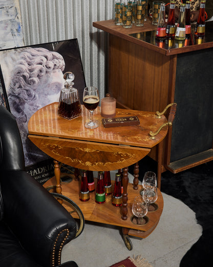 Mid-Century Modern Italian Marquetry Drop-Leaf Bar Cart