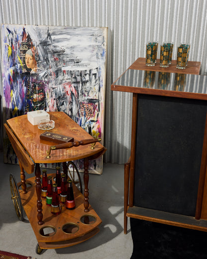 Mid-Century Modern Italian Marquetry Drop-Leaf Bar Cart