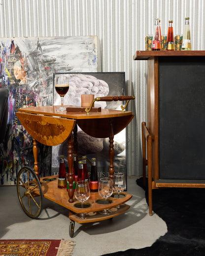 Mid-Century Modern Italian Marquetry Drop-Leaf Bar Cart