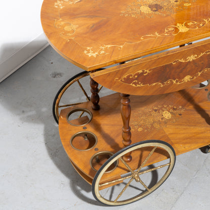 Mid-Century Modern Italian Marquetry Drop-Leaf Bar Cart