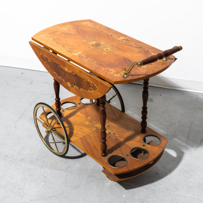 Mid-Century Modern Italian Marquetry Drop-Leaf Bar Cart