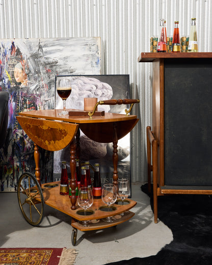 Mid-Century Modern Italian Marquetry Drop-Leaf Bar Cart