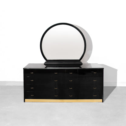 Black Vintage Mid-Century Modern MCM Italian Black Lacquer Dresser with Mirror