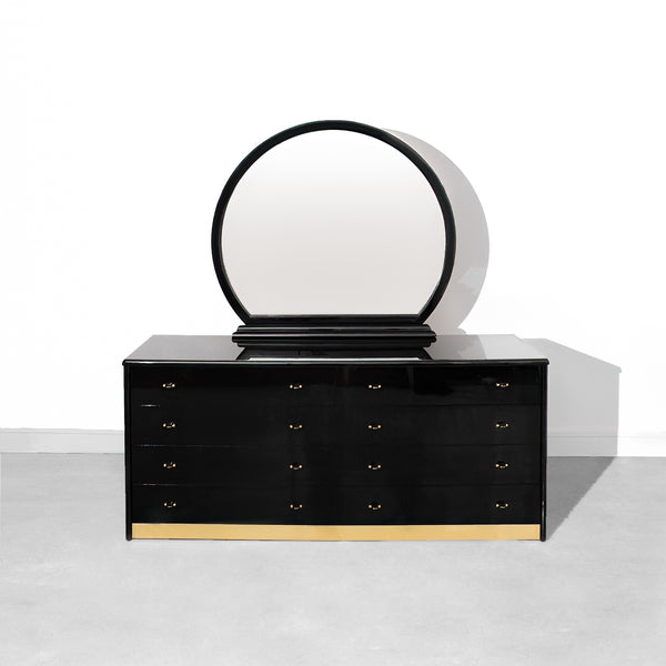Black Vintage Mid-Century Modern MCM Italian Black Lacquer Dresser with Mirror