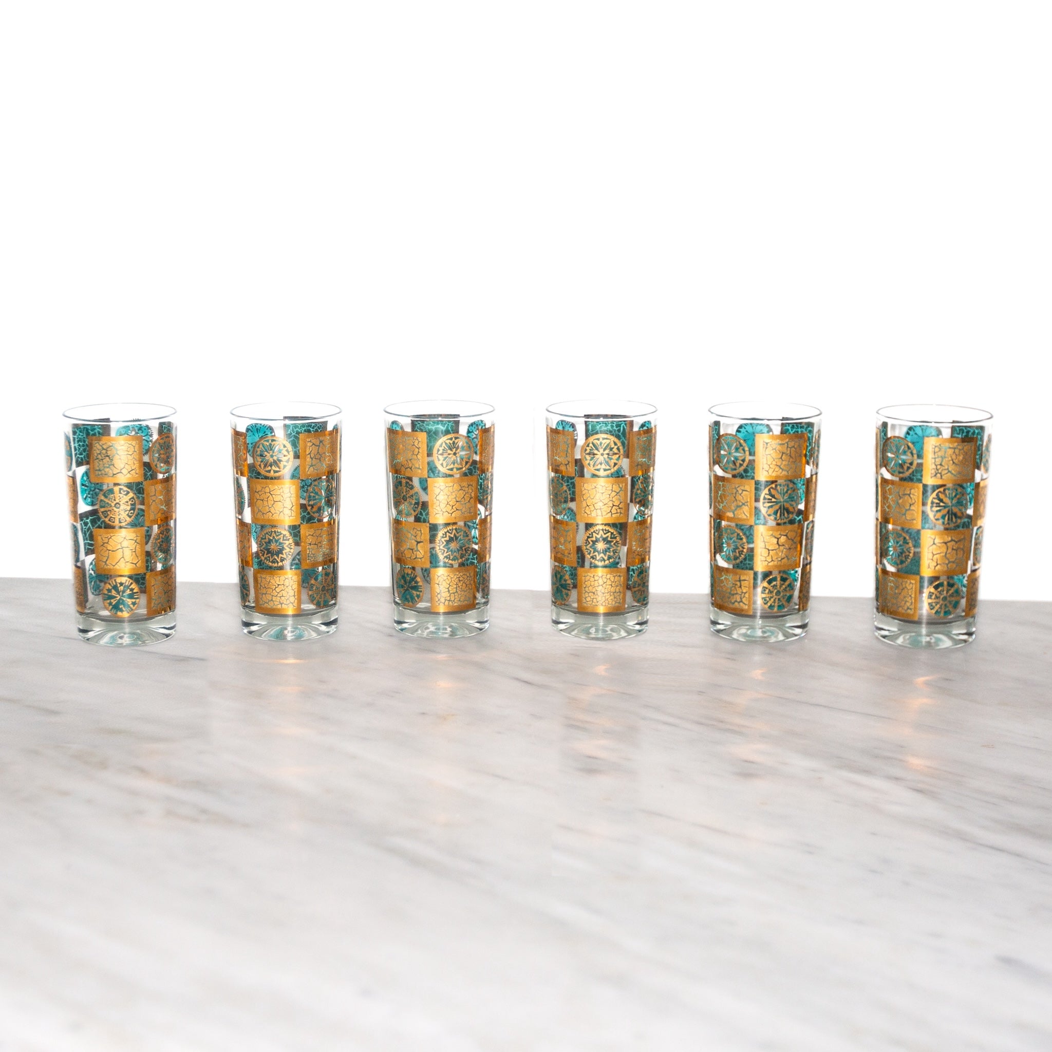 1960s Culver Carnival Turquoise and Gold Tumblers Set of 6