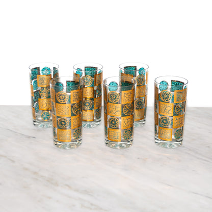 1960s Culver Carnival Turquoise and Gold Tumblers Set of 6