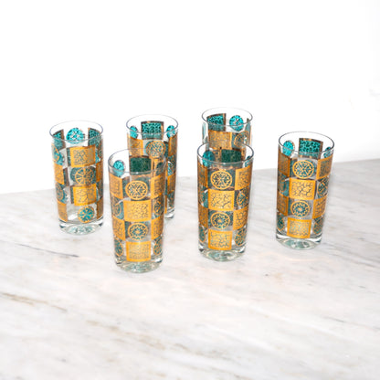 1960s Culver Carnival Turquoise and Gold Tumblers Set of 6