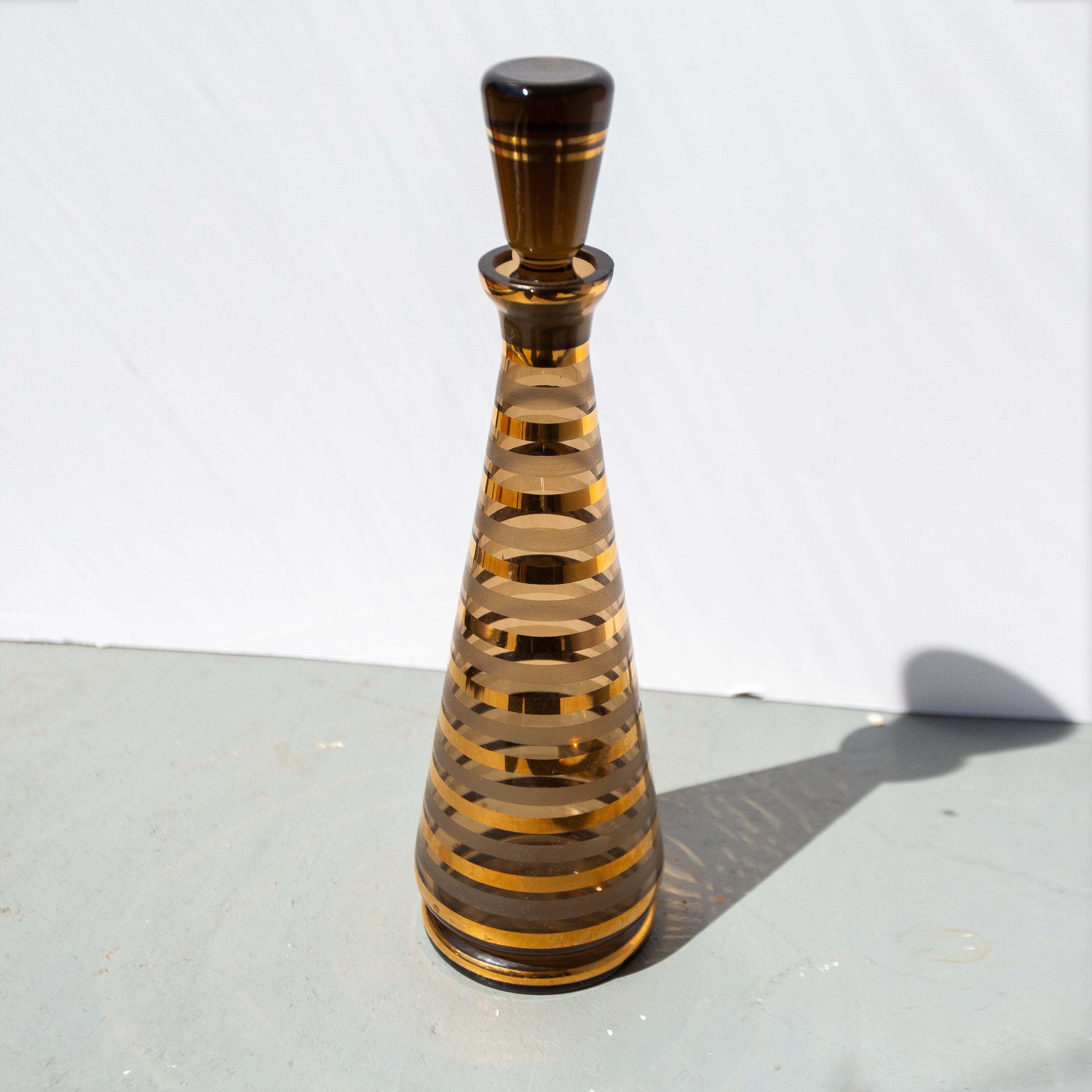 MCM Smokey And Gold Striped Glass Decanter