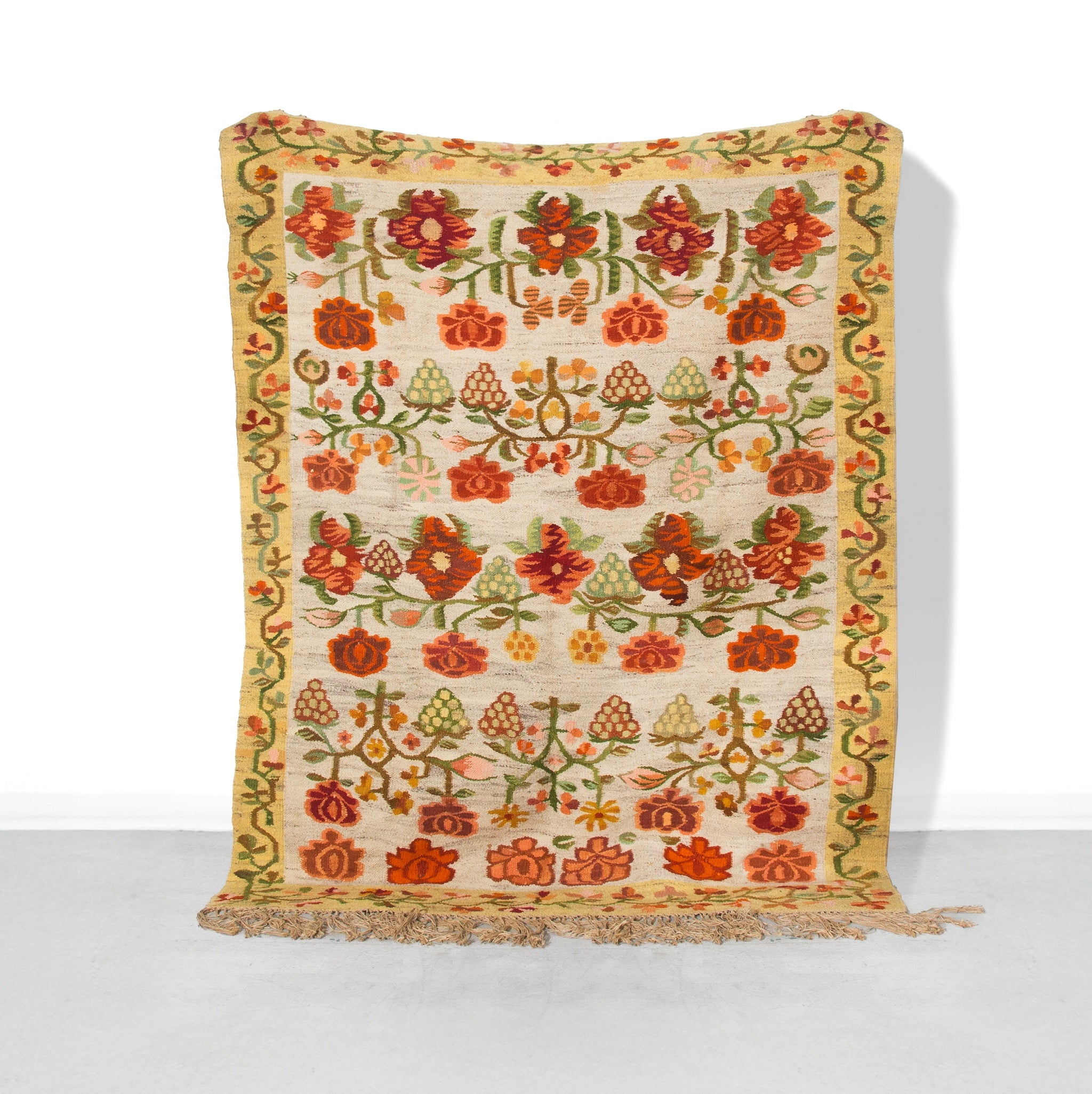 Floral Fringe Red and Yellow Vintage Handmade Woven Rug