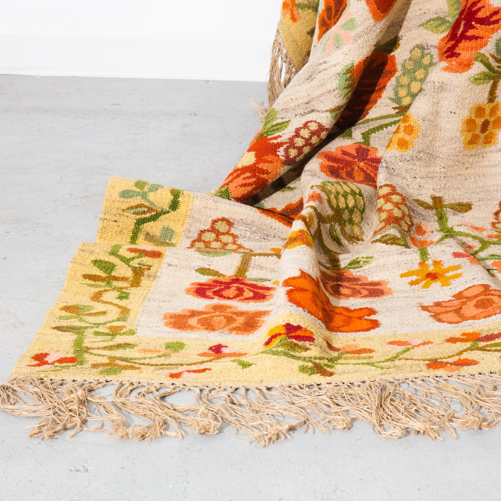 Floral Fringe Red and Yellow Vintage Handmade Woven Rug