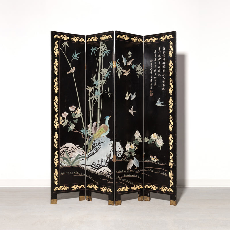 Vintage 20th Century Four Panel Chinese Hand-Painted Lacquer Screen