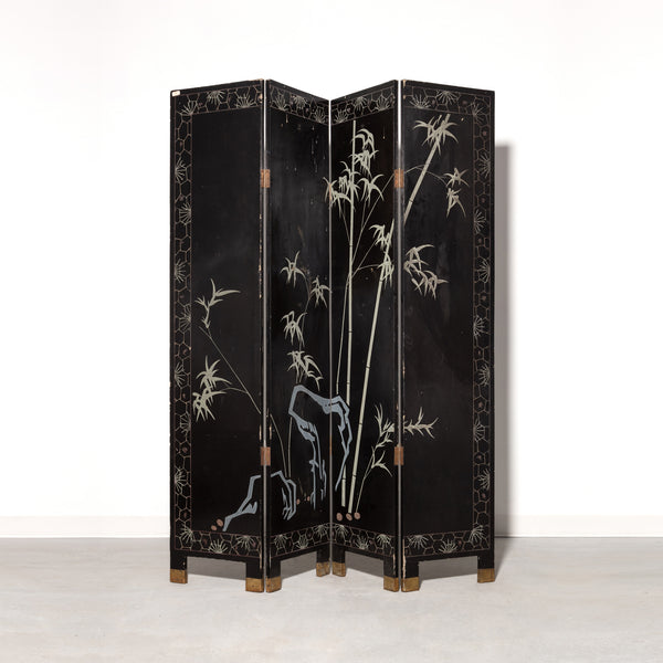 Vintage 20th Century Four Panel Chinese Hand-Painted Lacquer Screen