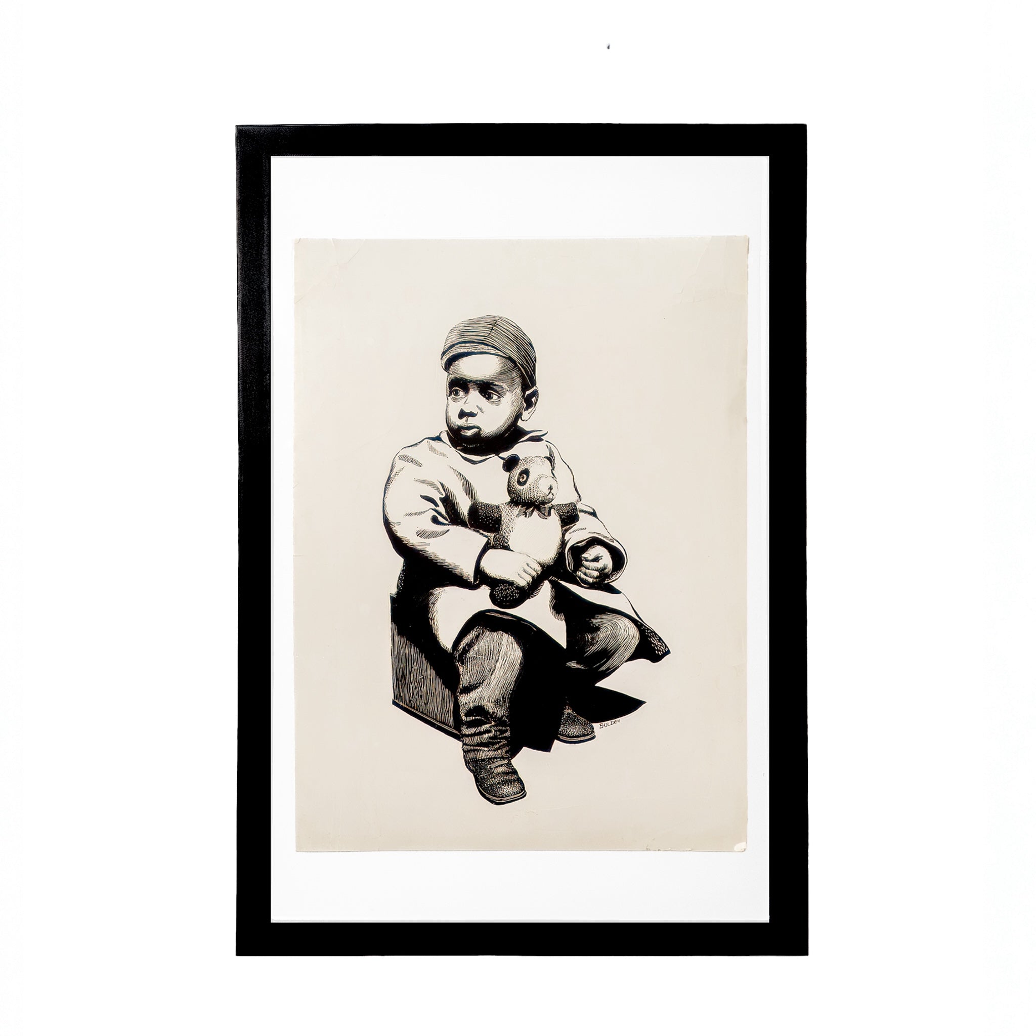 Framed Scratchboard Etching of Young Boy With Teddy, Signed