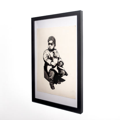 Framed Scratchboard Etching of Young Boy With Teddy, Signed