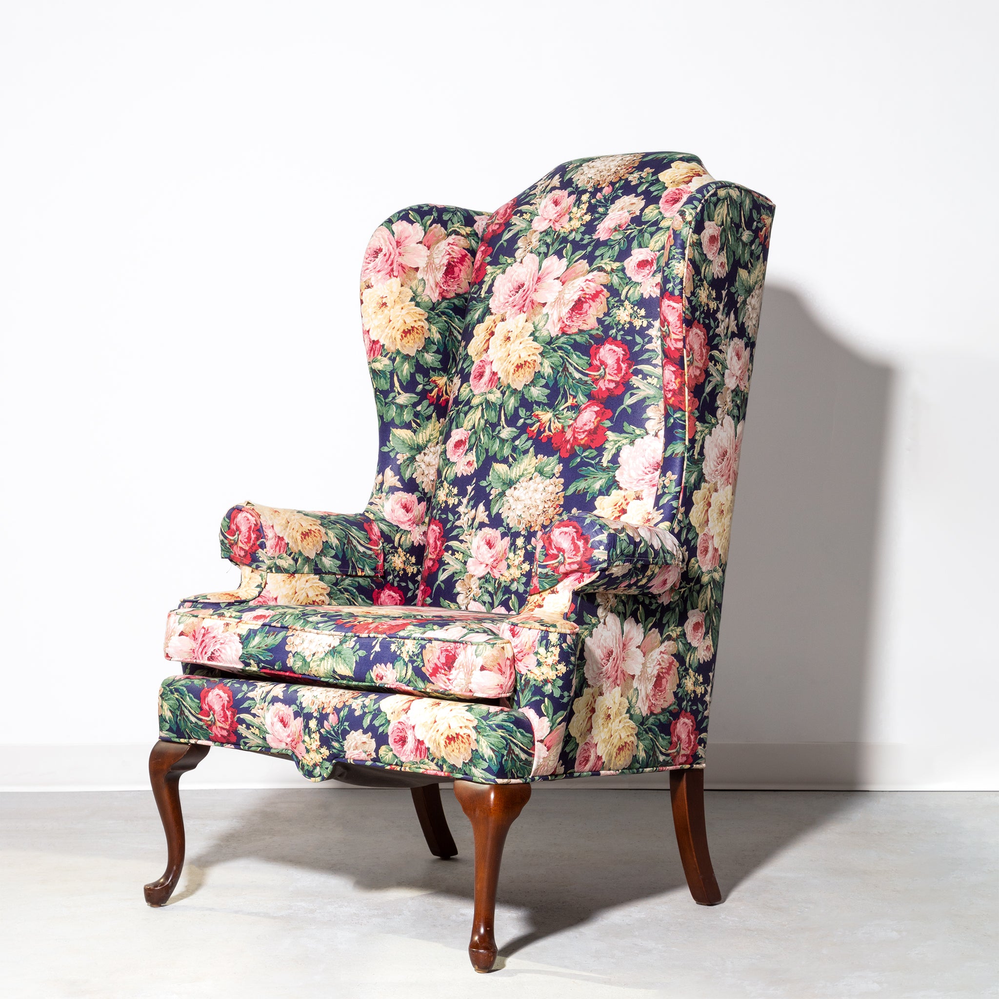 Vintage Ethan Allen Classic Navy Blue Floral Wing Chair