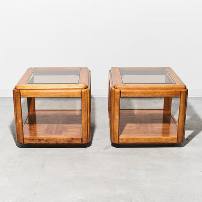 Postmodern Smoked Glass Oak Side Table (2 Available)