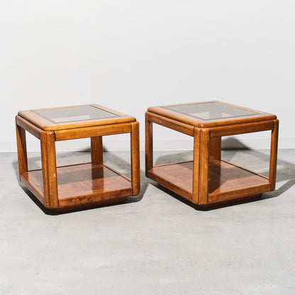 Postmodern Smoked Glass Oak Side Table (2 Available)
