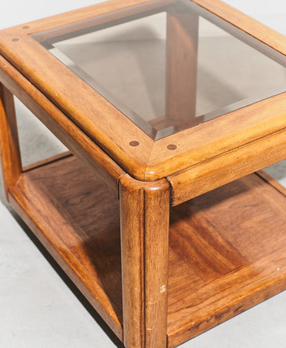 Postmodern Smoked Glass Oak Side Table (2 Available)
