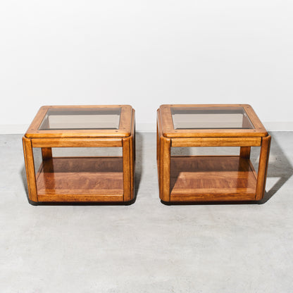 Postmodern Smoked Glass Oak Side Table (2 Available)