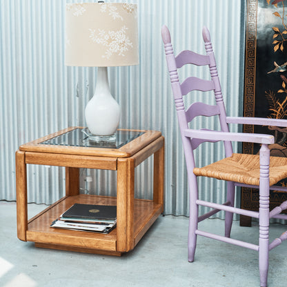Postmodern Smoked Glass Oak Side Table (2 Available)