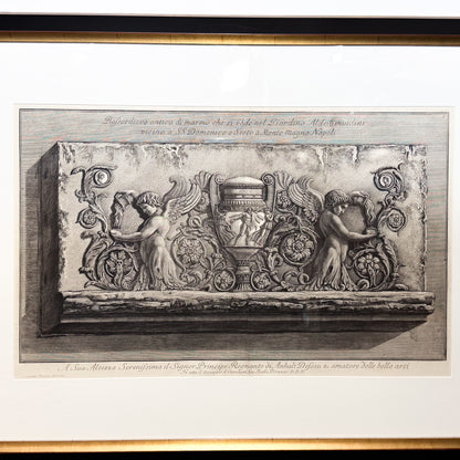 Decorative stone relief with classical design elements on a white background