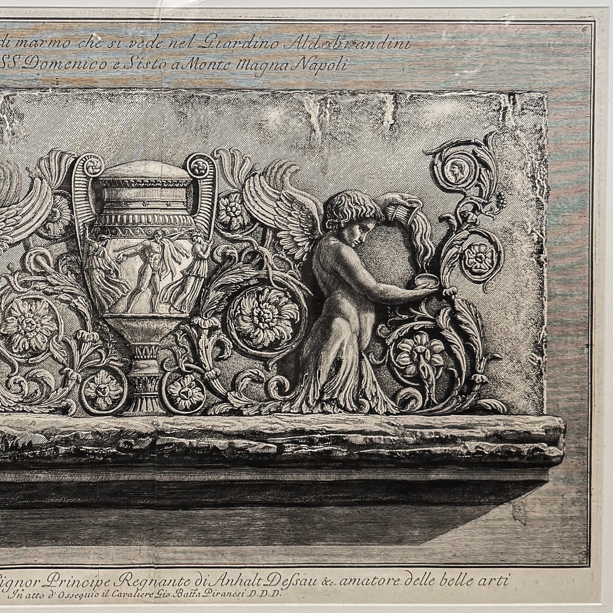 Decorative stone relief with angel and chariot on a wooden panel