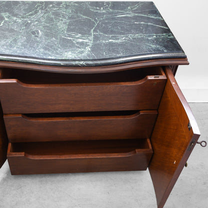 Green Marble-Top and Chevron Wooden Cabinet with Lock