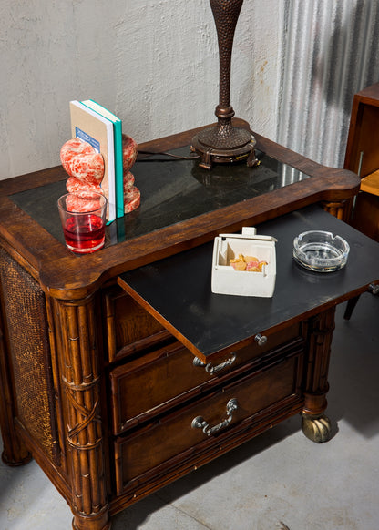 Wooden Nighstand with Granite Top and Pull-Out Writing Tray