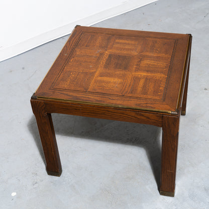 Mid-century Brass-Trimmed Oak Parquet Side Table