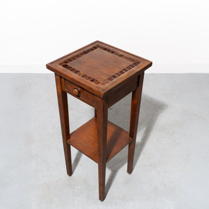 Wooden Tiered Side Table with Coconut Shell Inlaid Top