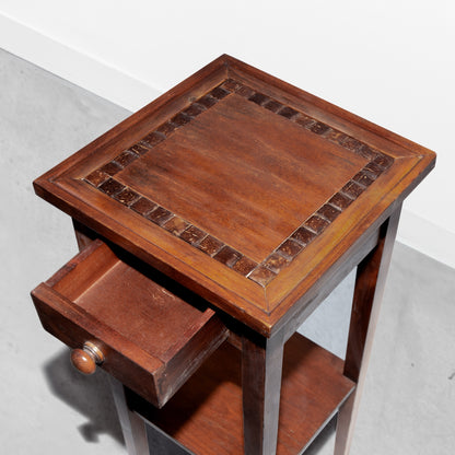 Wooden Tiered Side Table with Coconut Shell Inlaid Top